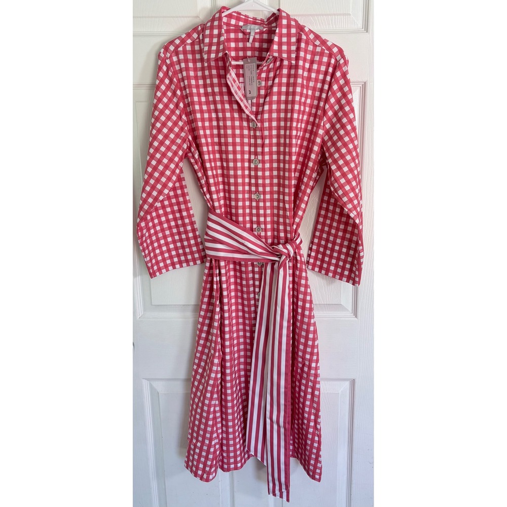 Hinson Wu Tamron Shirt Dress L Coral White Gingham Belted Midi 1610776